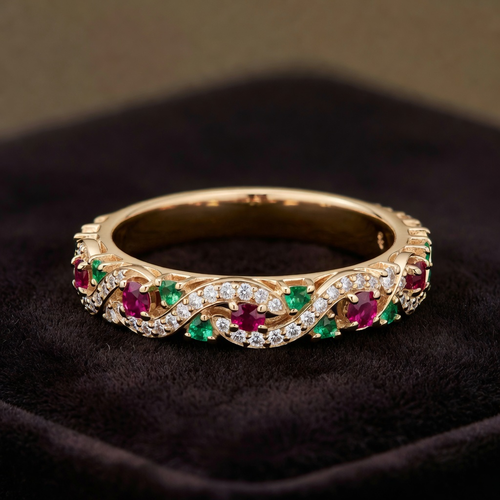 A highly detailed realistic gold band with intricate gemstone work