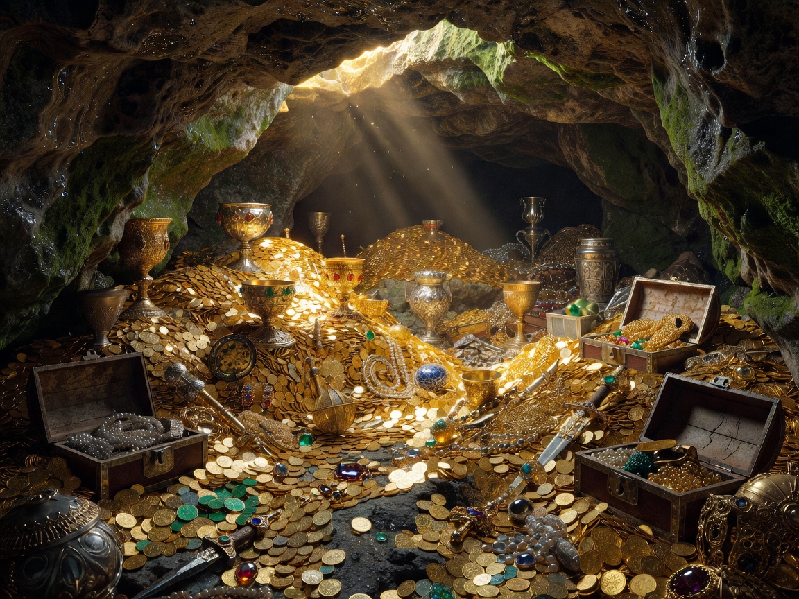 A realistic hidden cave overflowing with ancient gold coins and treasures