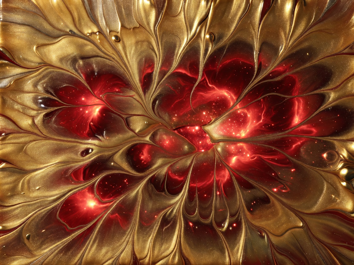 Beautiful fluid art with golden veins and glowing red cosmic swirls
