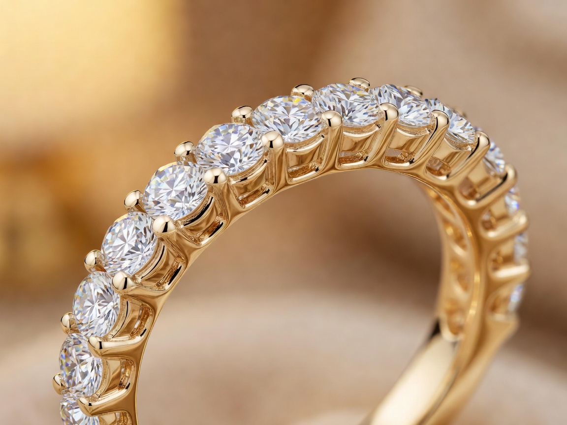 Beautiful macro of a realistic diamond-encrusted gold ring reflecting warm light