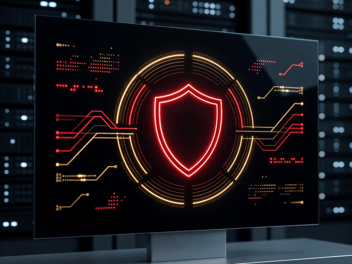 Cybersecurity lock screen displaying secure shield metrics in bright red and gold neon