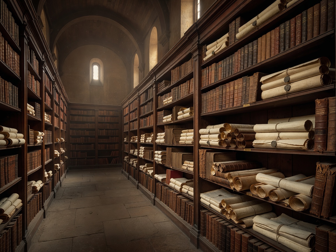 Extremely old library filled with scrolls and leather-bound historical books