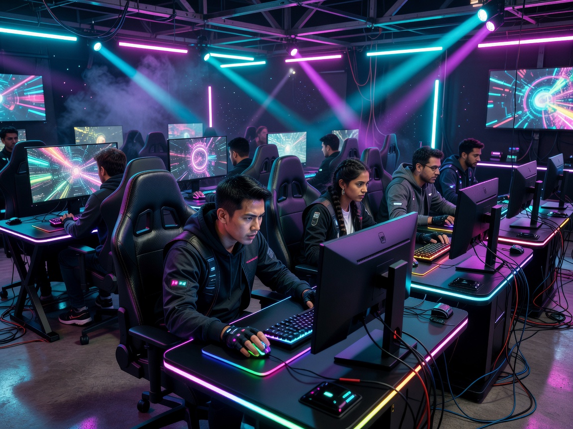 Gamers playing competitive games together in a neon-lit cyber arena setup