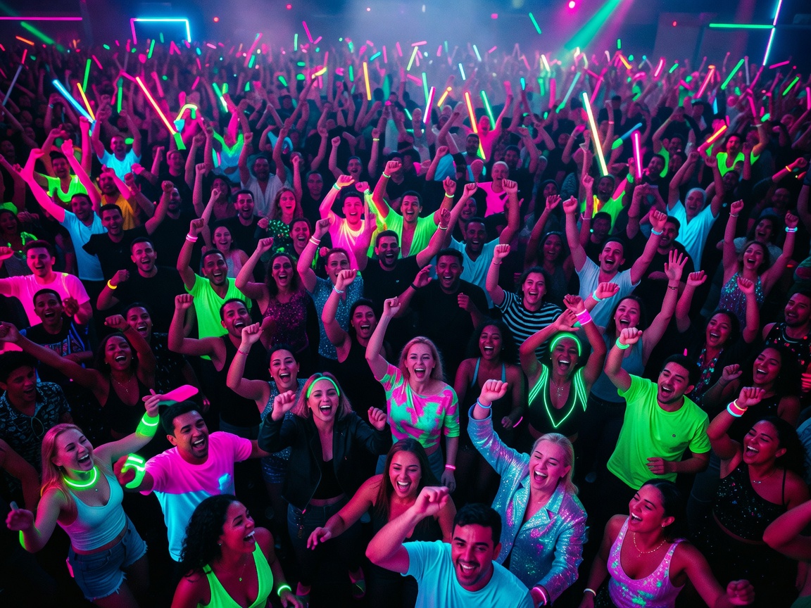 Massive crowd dancing and cheering under neon lights during a grand celebratory event