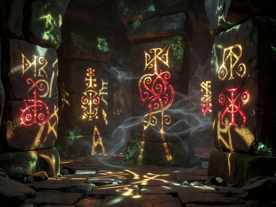 Mystical realistic red and gold runic symbols glowing in a dark chamber