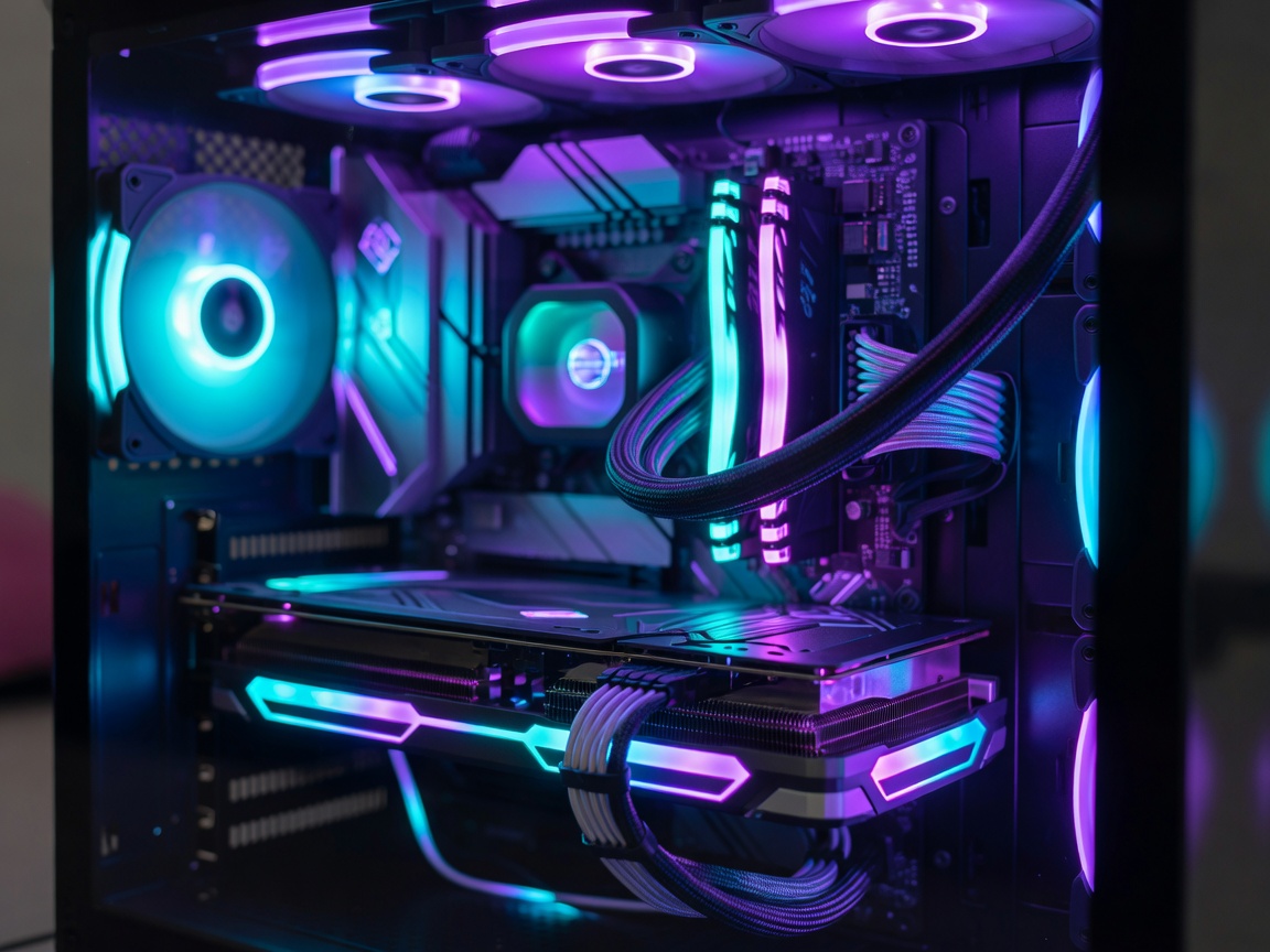 Neon glowing computer hardware inside a modern gaming computer case