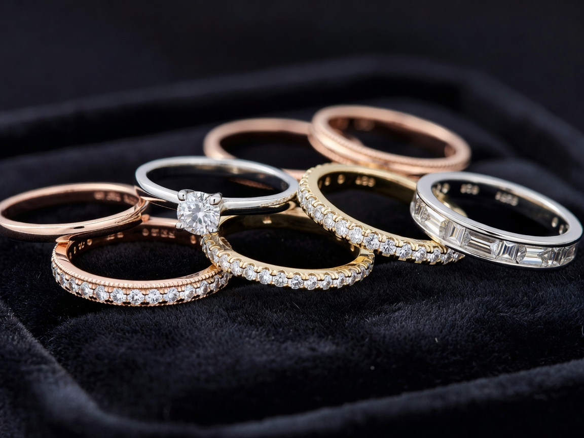 Realistic closeup of several sparkling precious wedding rings and bands on display