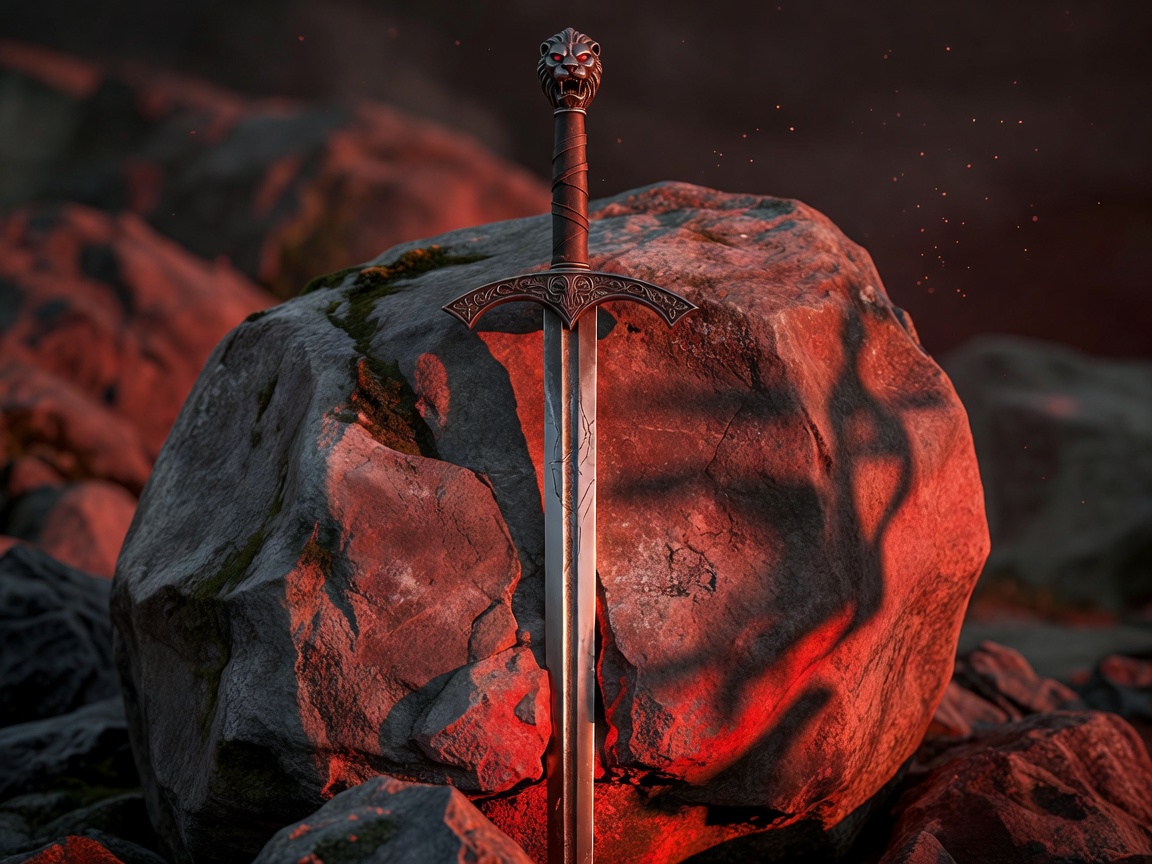 Realistic legendary knight sword stuck in a stone under cinematic red lighting